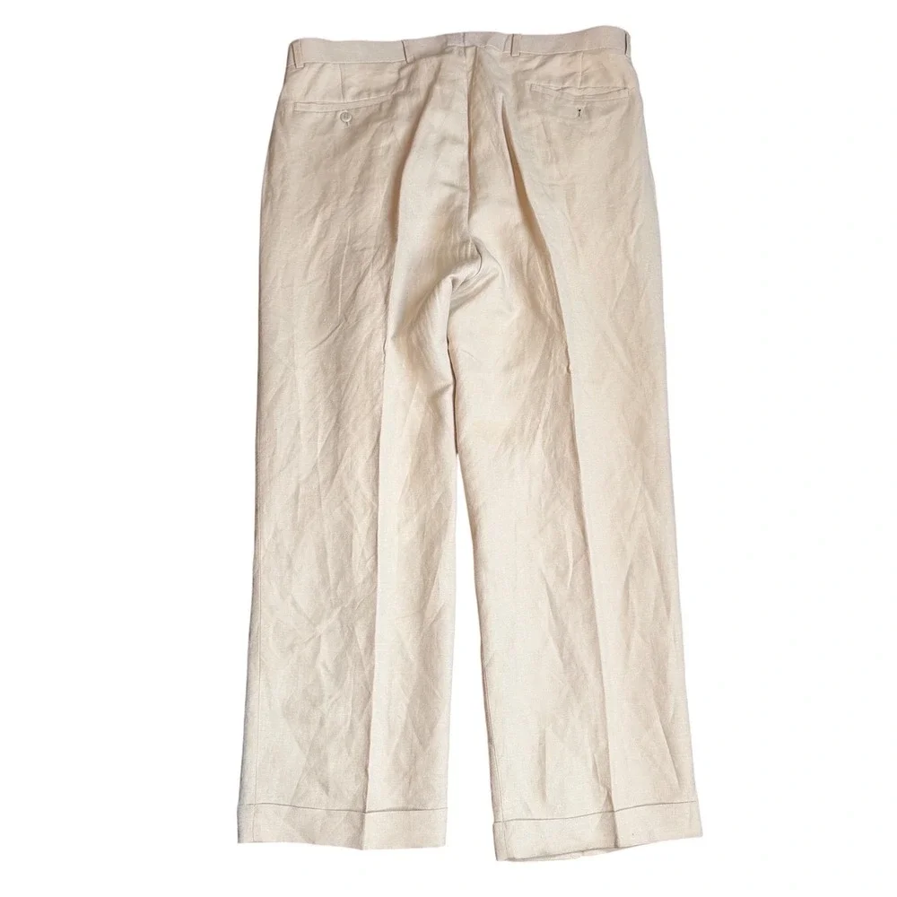 Louis Raphael Soft Mens Linen Blend Pleated Dress Pants Cream 38x30 Cuffed Hem